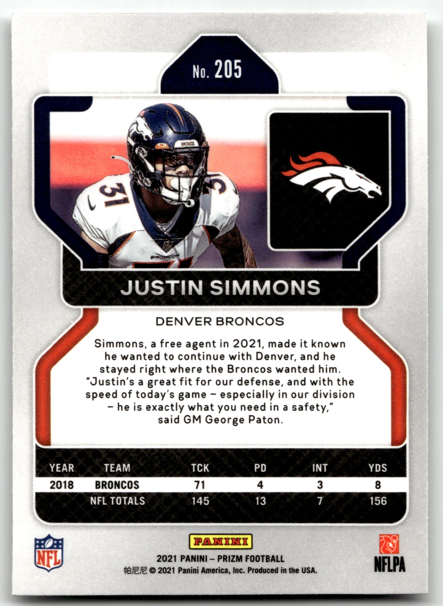 Justin Simmons - #205 - 2021 Panini Prizm - Panini