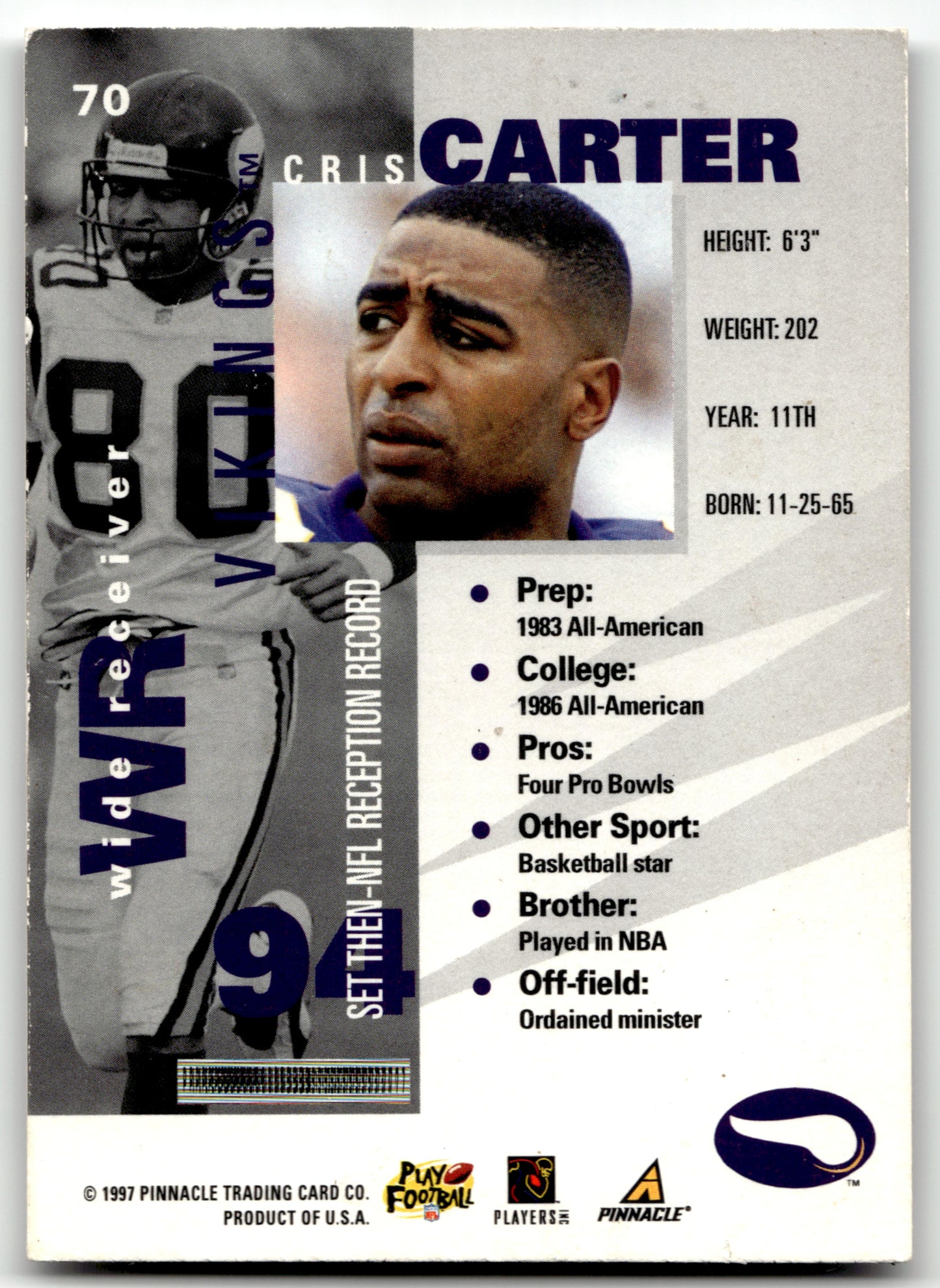 Cris Carter - #70 - 1997 Pinnacle Inside - Pinnacle