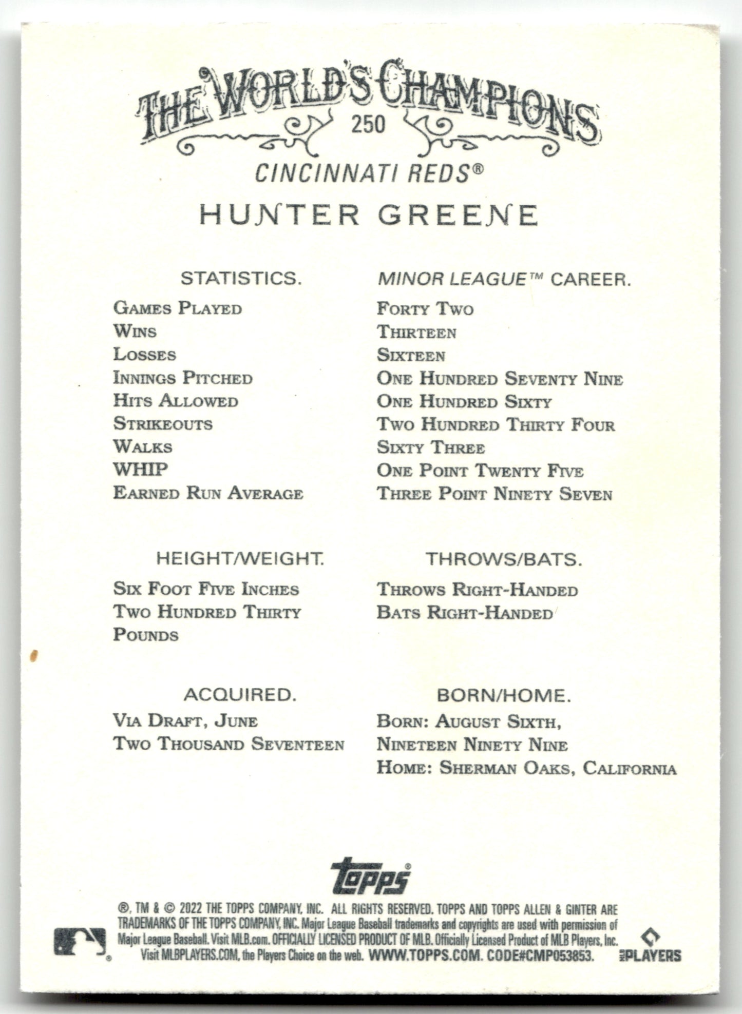 Hunter Greene - #250 - 2022 Topps Allen & Ginter - Topps