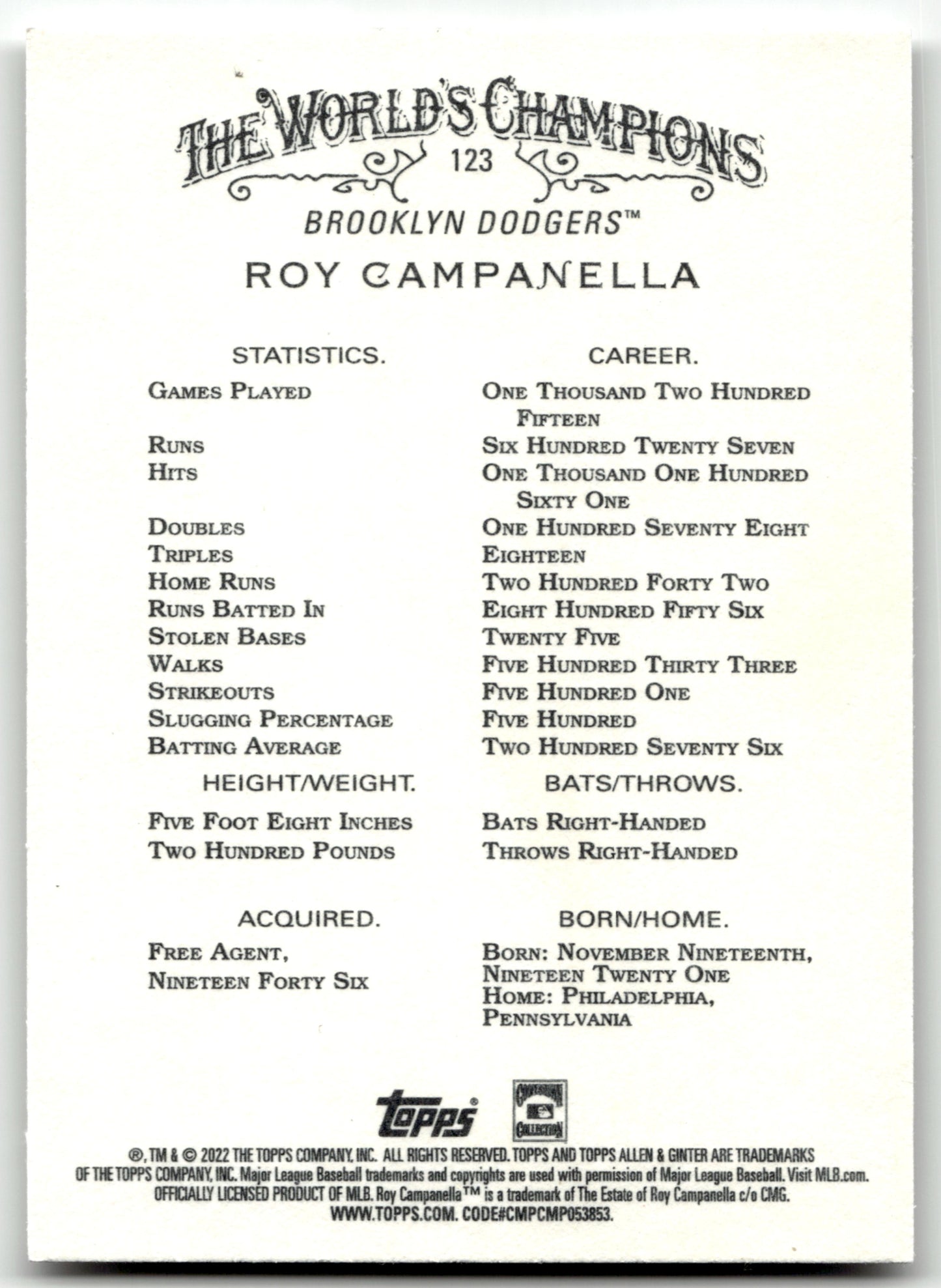 Roy Campanella - #123 - 2022 Topps Allen & Ginter - Topps