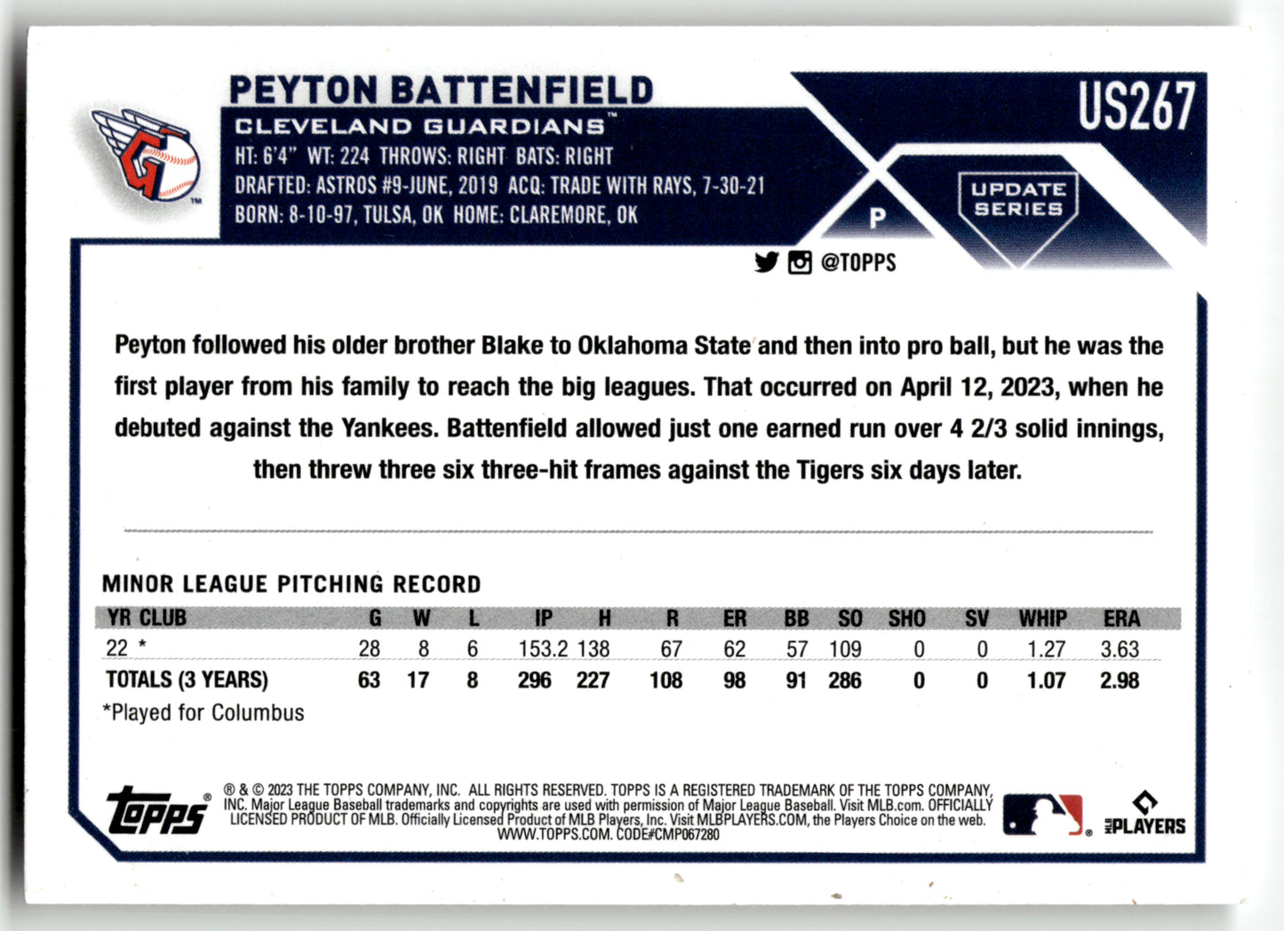 Peyton Battenfield - #US267 - 2023 Topps Update - Topps