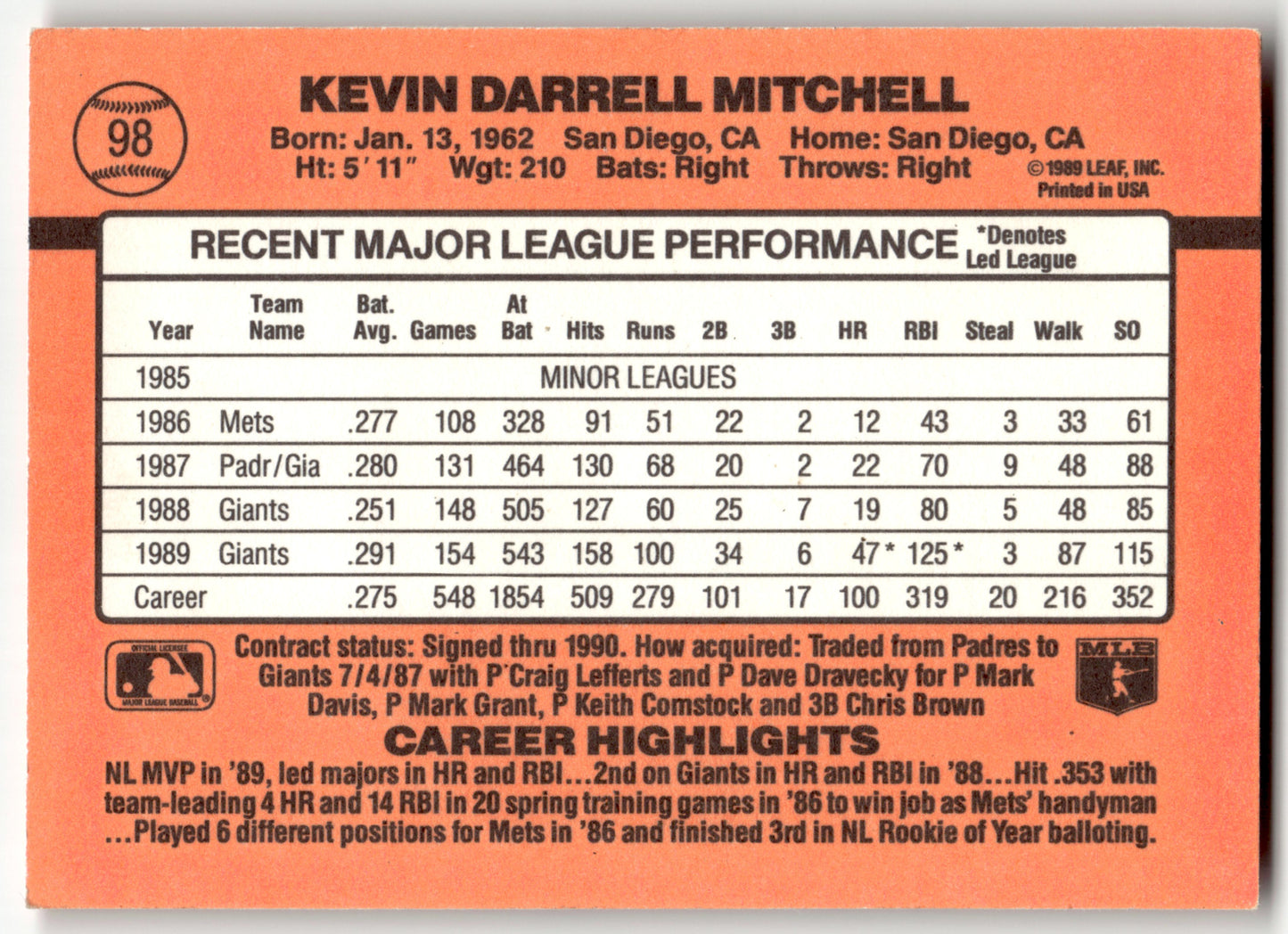 Kevin Mitchell - #98c - 1990 Donruss - Donruss