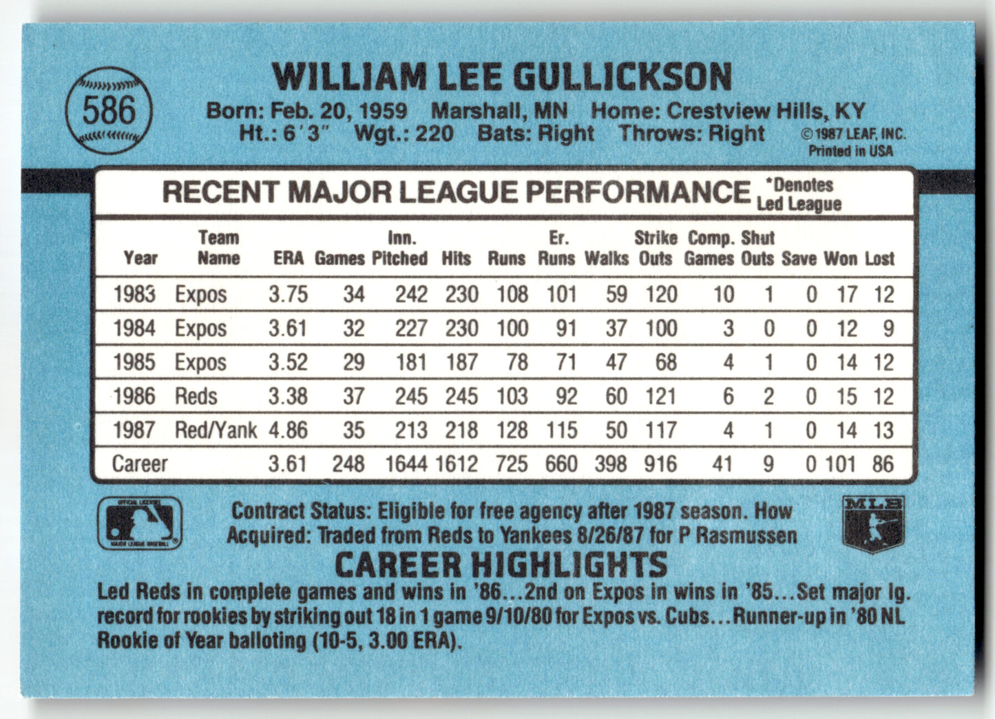 Bill Gullickson - #586b - 1988 Donruss - Donruss