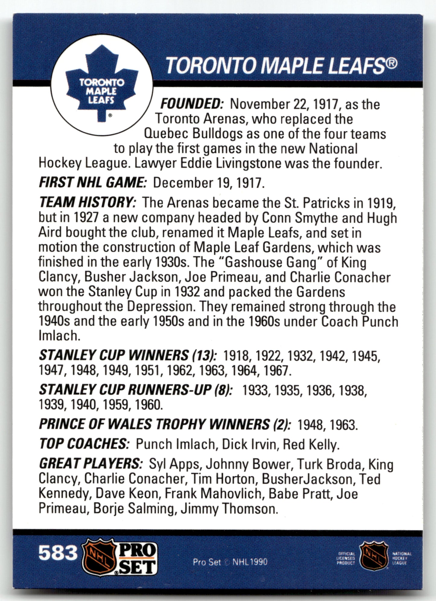 Toronto Maple Leafs Logo - #583 - 1990-91 Pro Set -