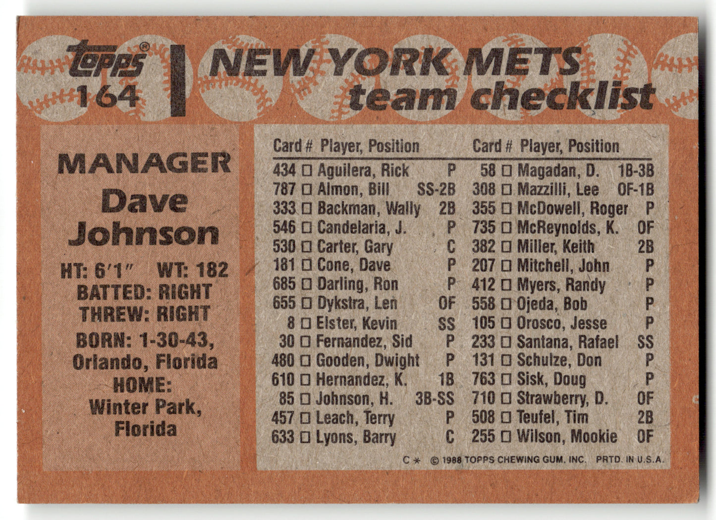 Dave Johnson - #164 - 1988 Topps - Topps