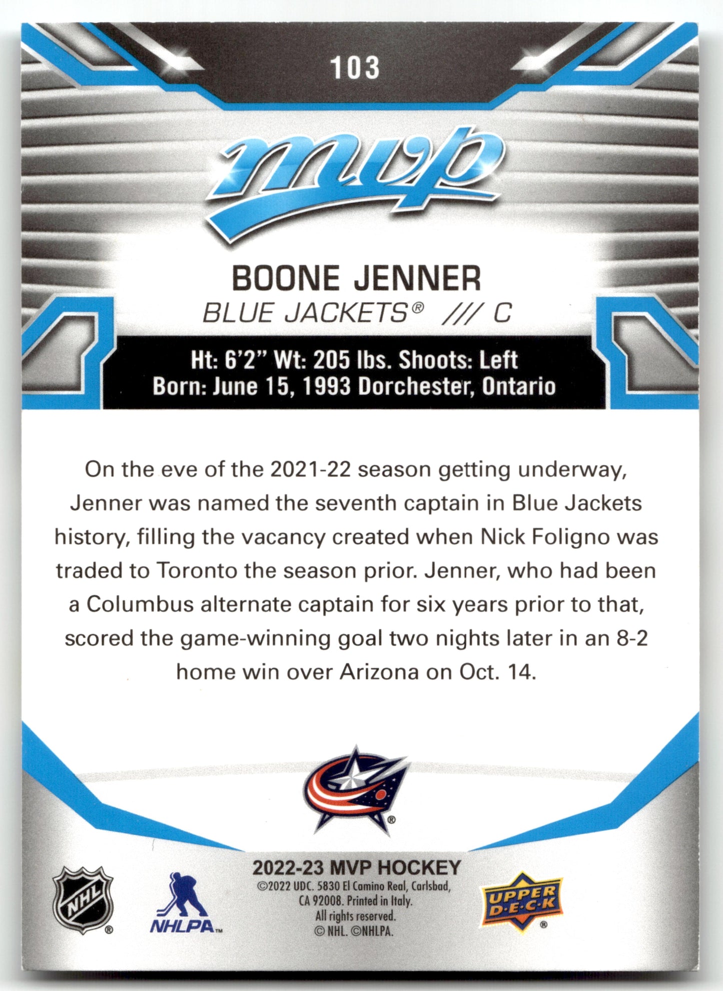 Boone Jenner - #103 - 2022-23 Upper Deck MVP - Upper Deck