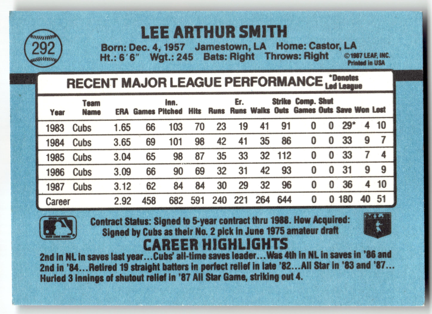 Lee Smith - #292b - 1988 Donruss - Donruss