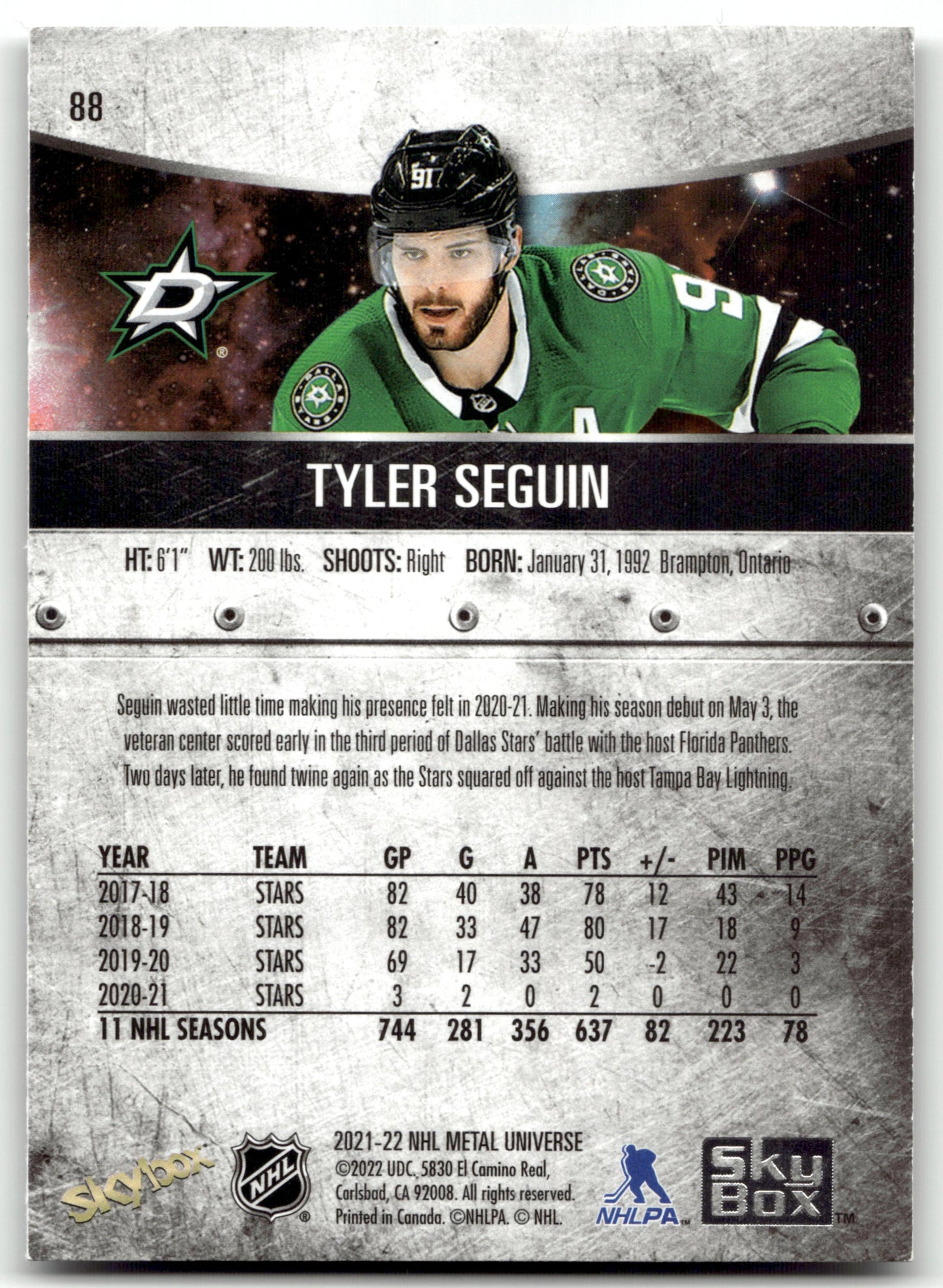 Tyler Seguin - #88 - 2021-22 SkyBox Metal Universe -