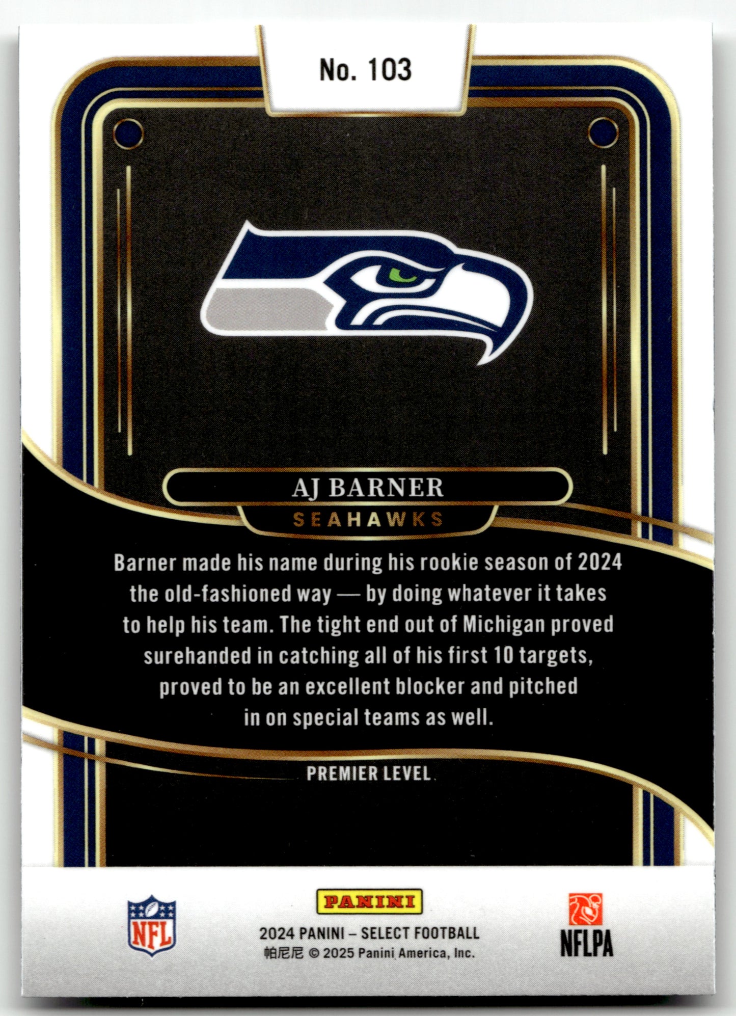AJ Barner - #103 - 2024 Panini Black - Panini