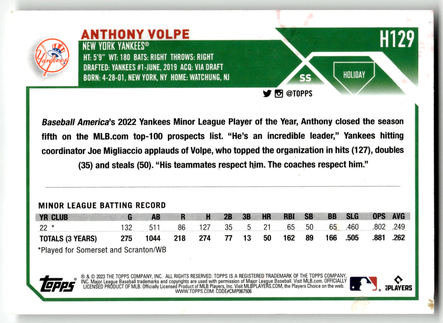 Anthony Volpe - #H129 - 2023 Topps Holiday - Topps