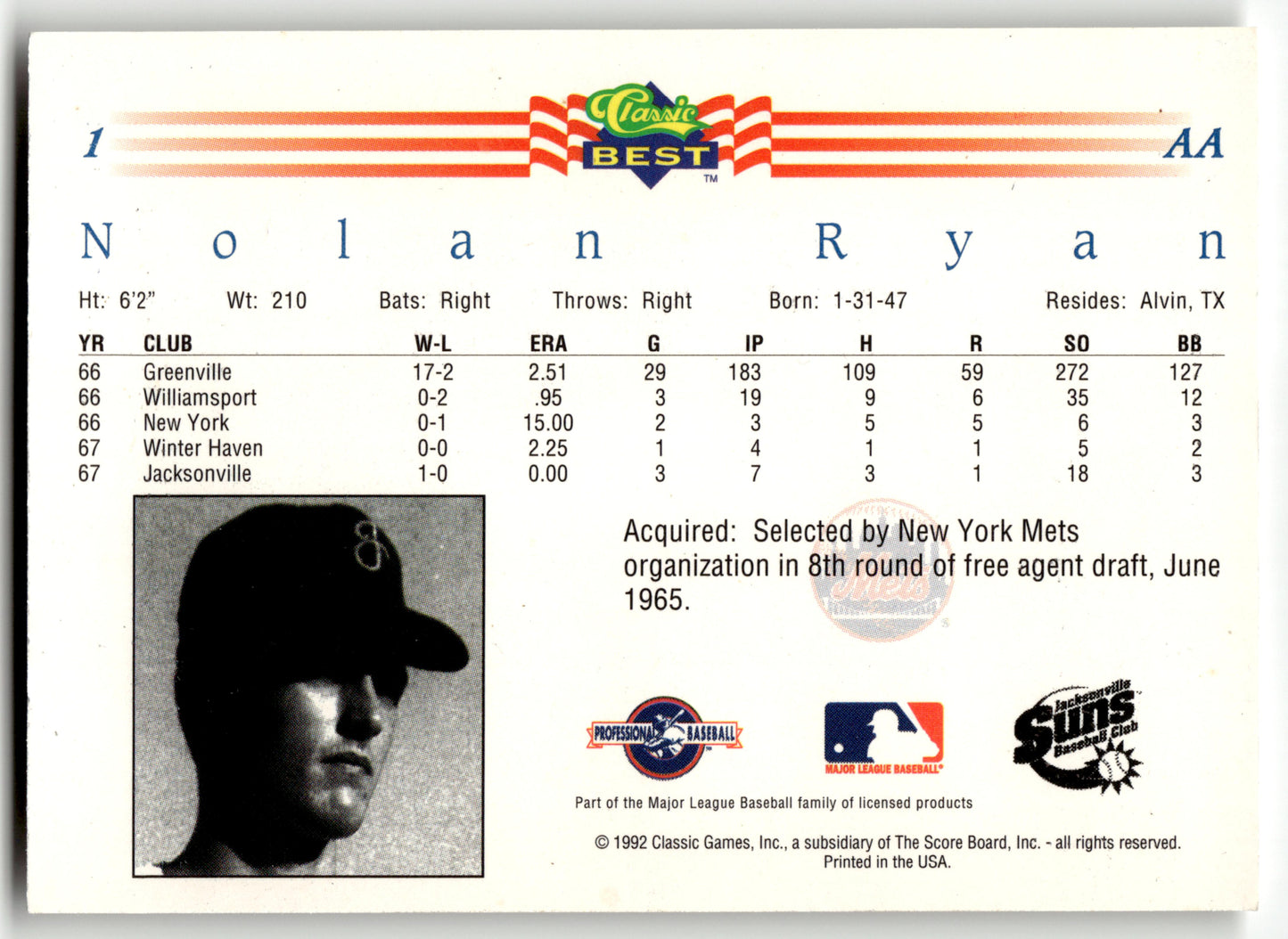 Nolan Ryan - #1 - 1992 Classic Best -