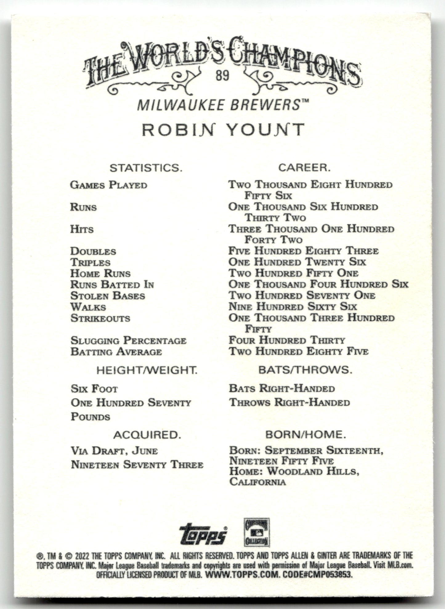 Robin Yount - #89 - 2022 Topps Allen & Ginter Chrome - Topps