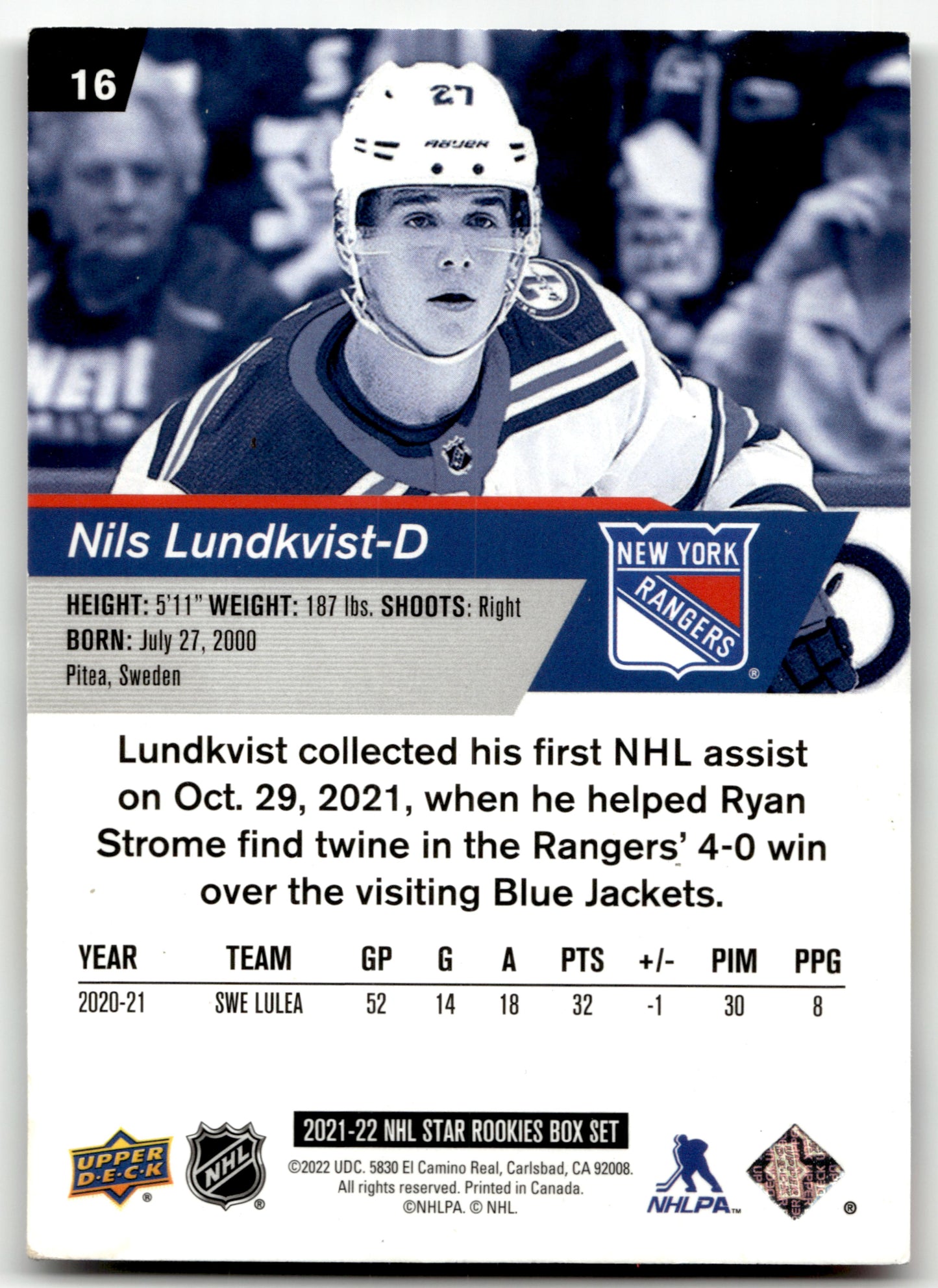 Nils Lundkvist - #16 - 2021-22 Upper Deck NHL Star Rookies Box Set -
