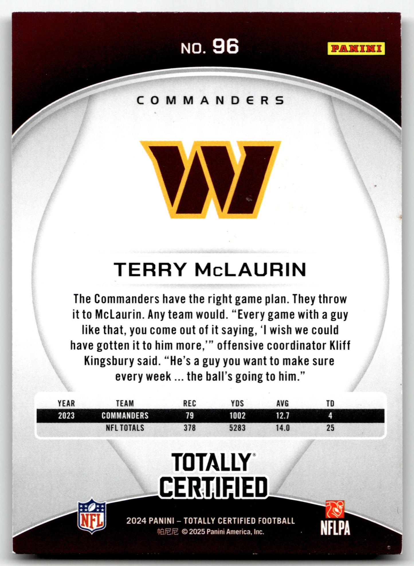 Terry McLaurin - #96 - 2024 Panini Totally Certified - Panini