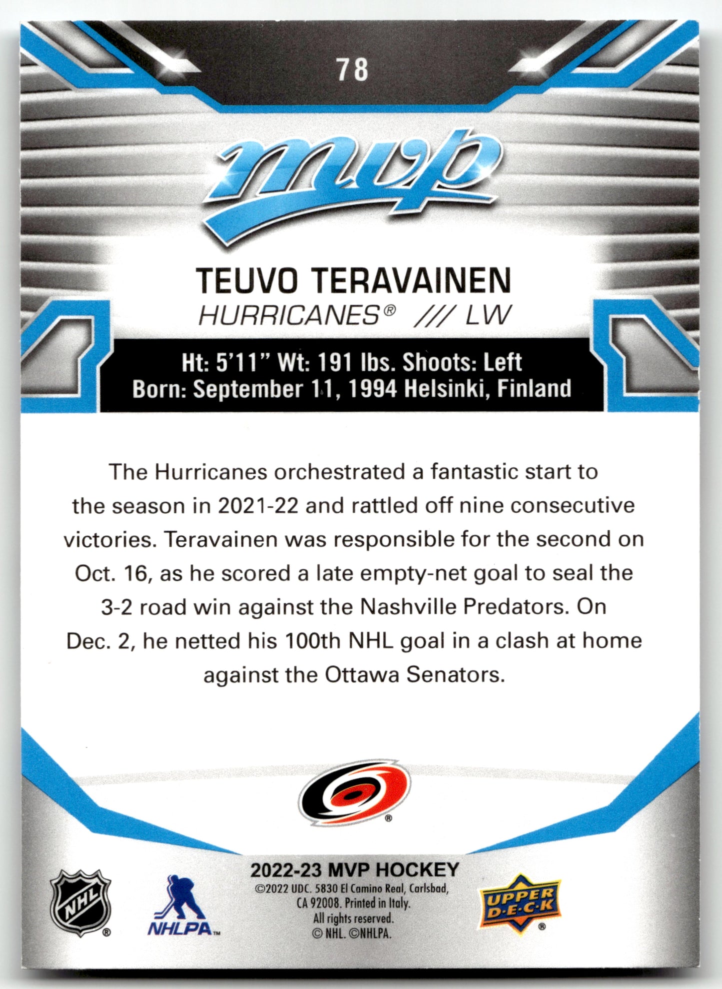 Teuvo Teravainen - #78 - 2022-23 Upper Deck MVP - Upper Deck