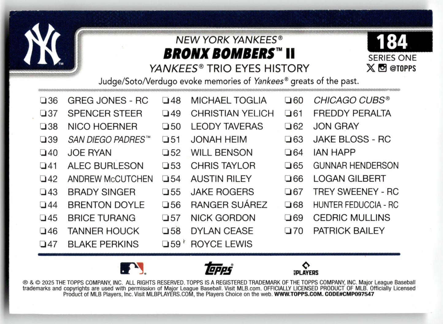 Bronx Bombers II: Yankees Trio Eyes History - #184 - 2025 Topps - Topps