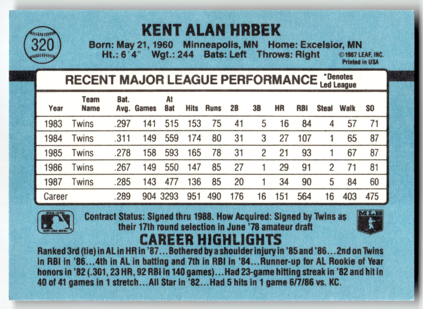 Kent Hrbek - #320 - 1988 Donruss - Donruss