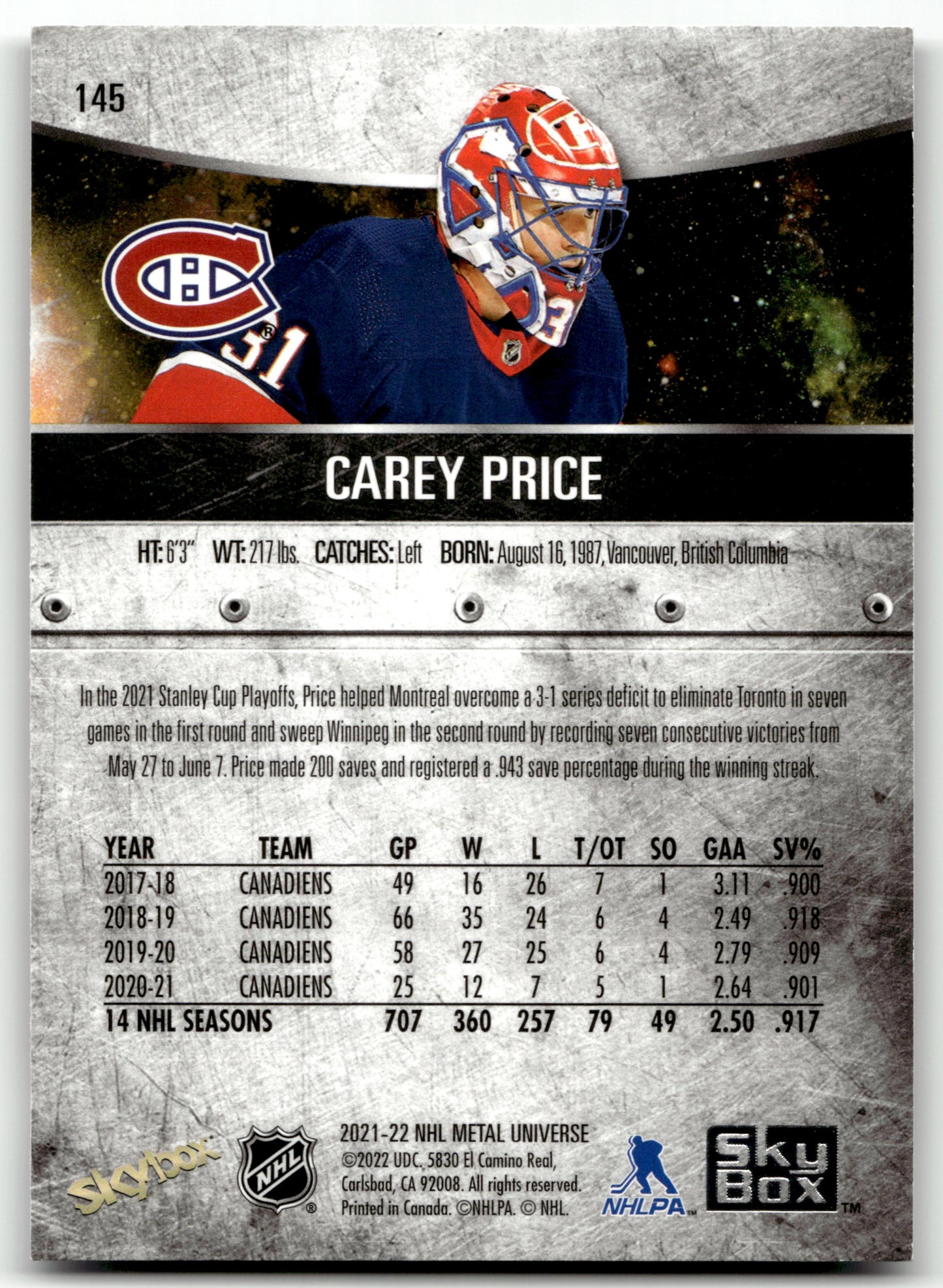 Carey Price - #145 - 2021-22 SkyBox Metal Universe -