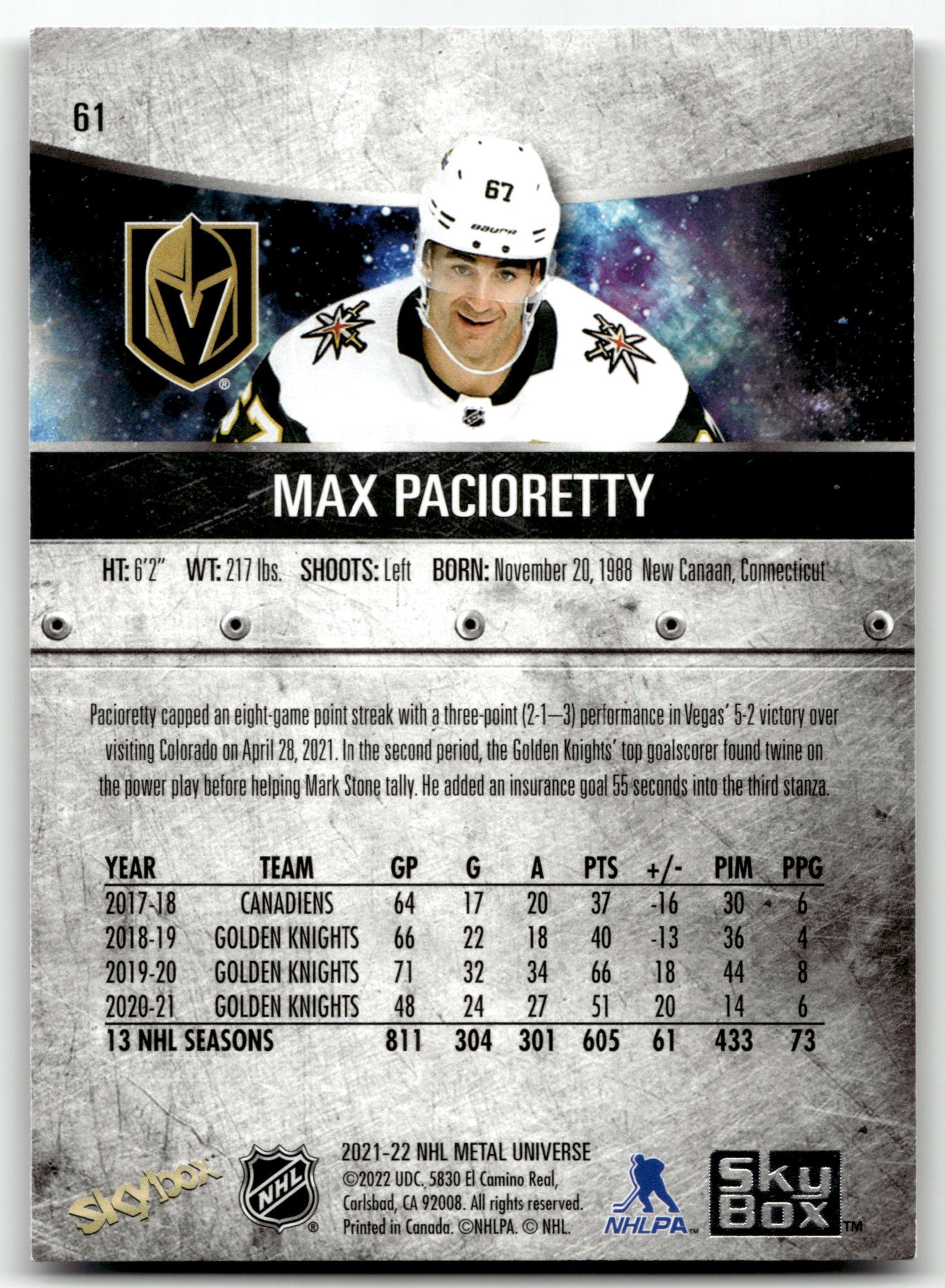 Max Pacioretty - #61 - 2021-22 SkyBox Metal Universe -