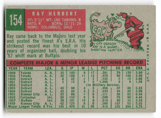1959 Topps Ray Herbert Kansas City Athletics #154