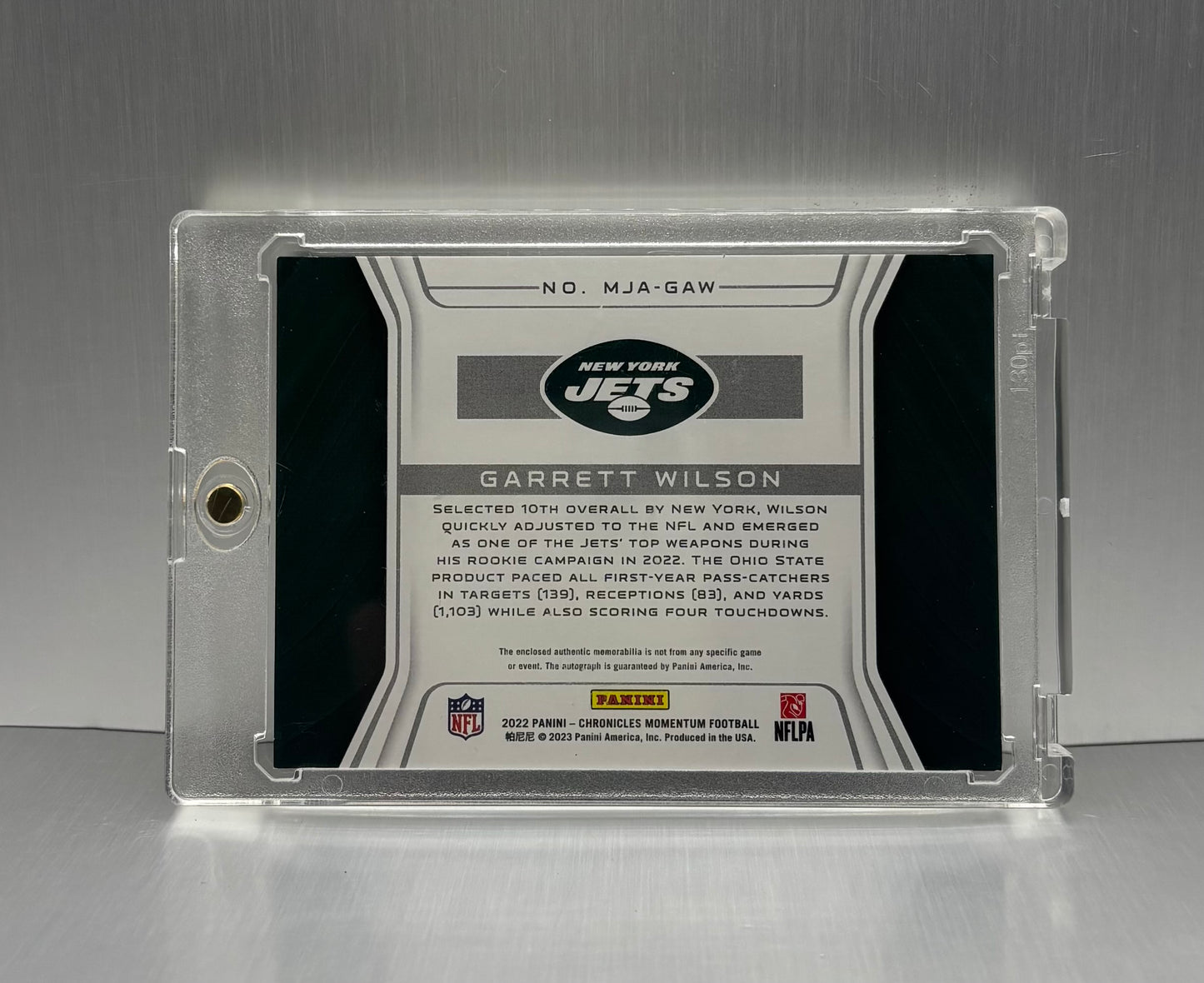 2022 Panini Chronicles Momentum Garrett Wilson Triple patch Auto Rookie Card /99