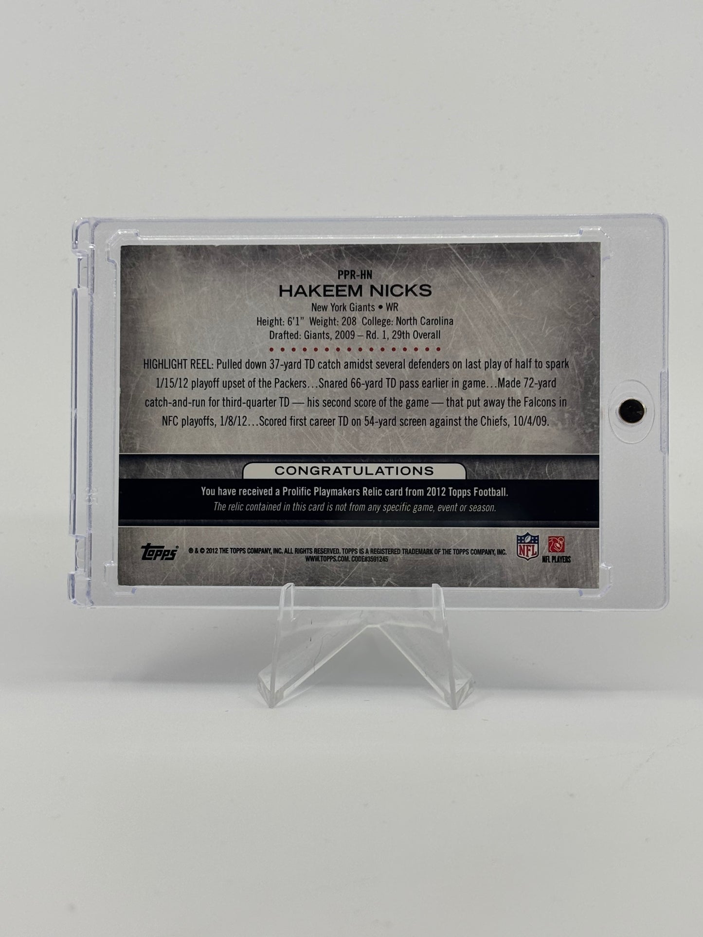 2012 Topps – Prolific Playmakers Relics Hakeem Nicks #PPR-HN (MEM)