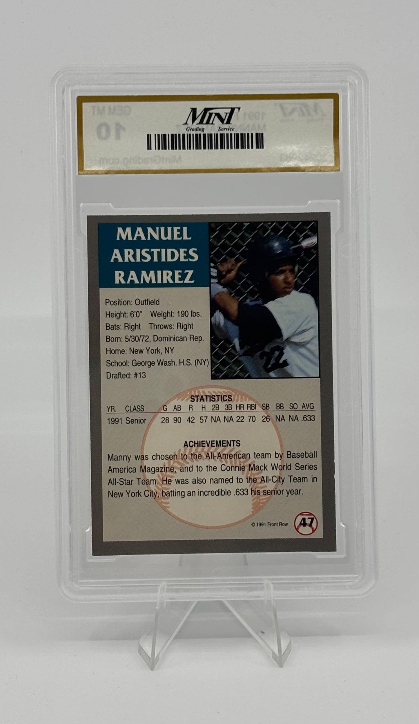 1991 Front Row Draft Picks - Manny Ramirez #47 (RC) MNT 10