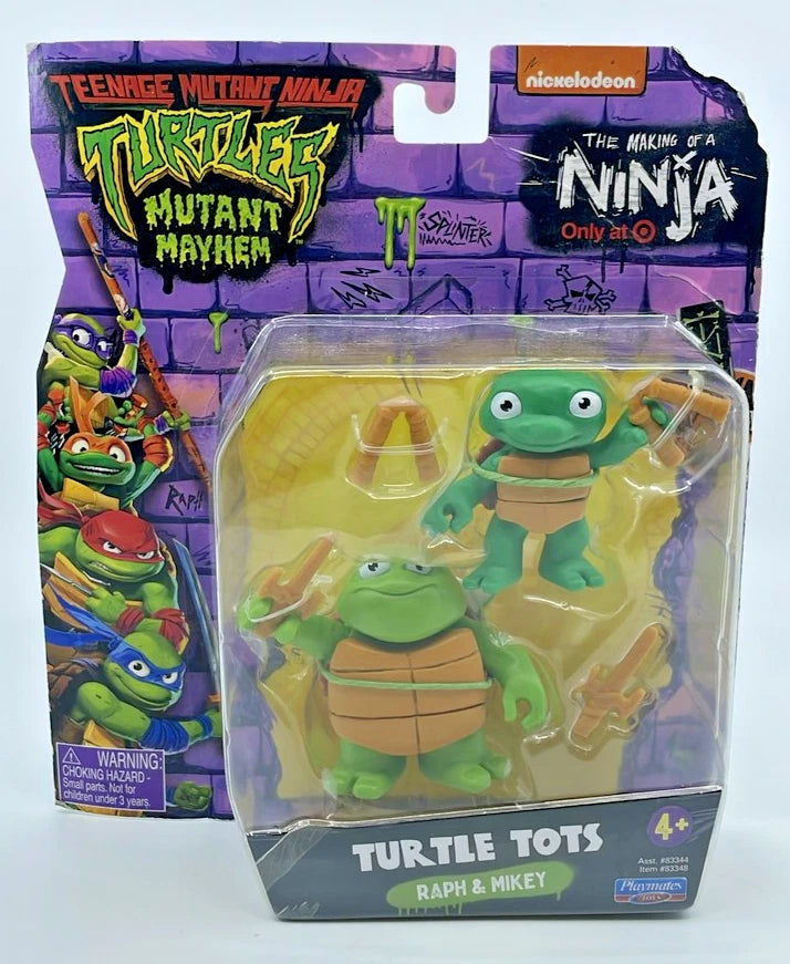 TMNT Mutant Mayhem Turtle Tots Raph & Mikey Figures with Figure Protector