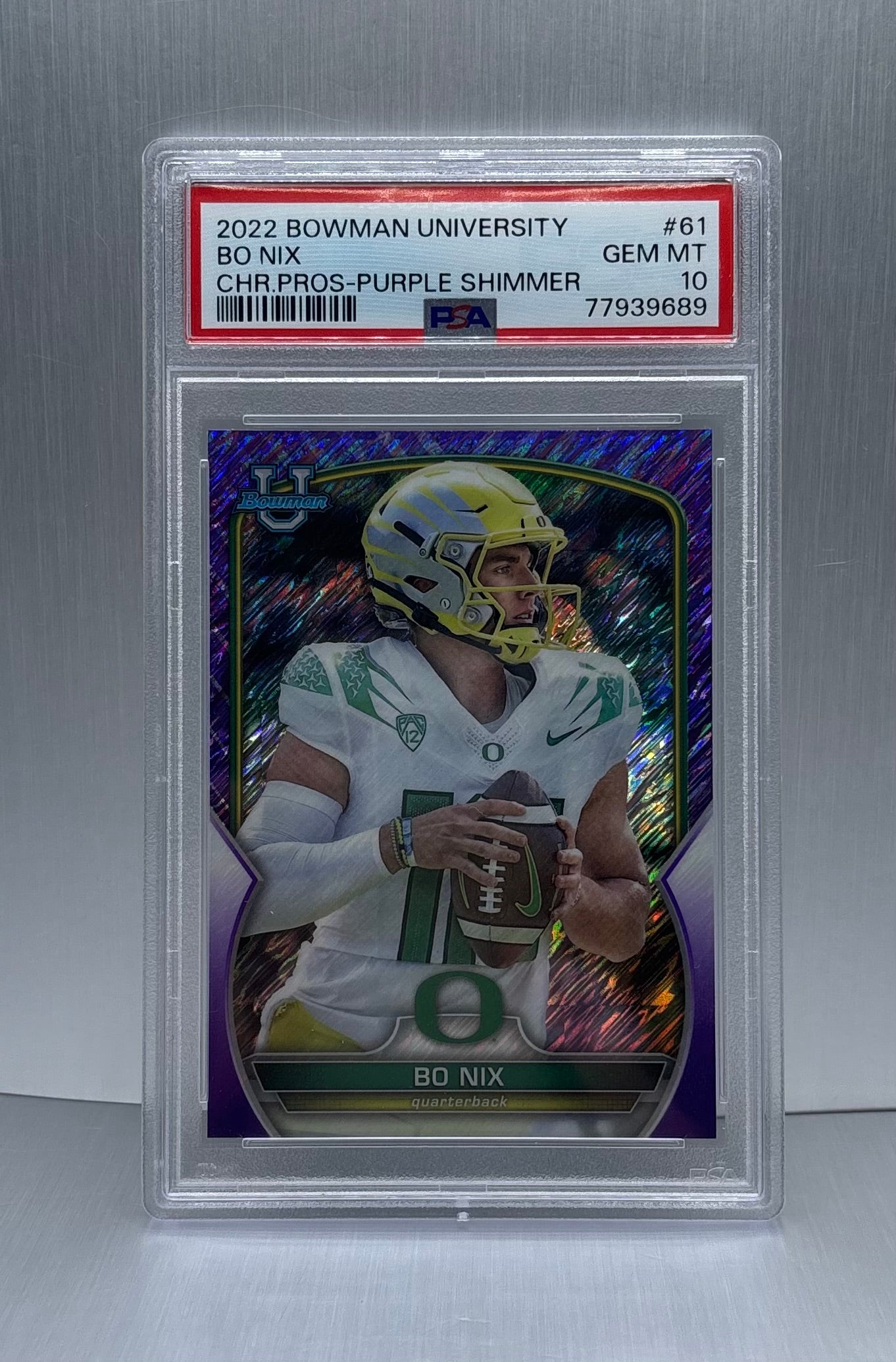 2022 Topps Bowman University #61 Bo Nix Chrome Prospect Purple Shimmer PSA 10 POP 4!