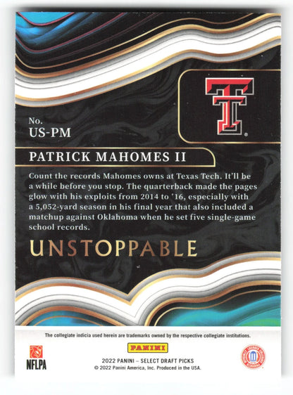 2022 Panini Select Draft Picks Unstoppable Silver Prizm Patrick Mahomes II Texas