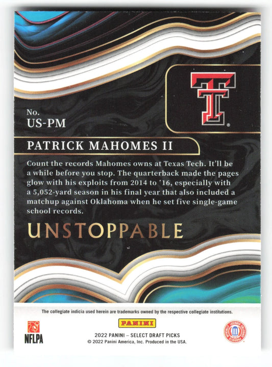 2022 Panini Select Draft Picks Unstoppable Silver Prizm Patrick Mahomes II Texas