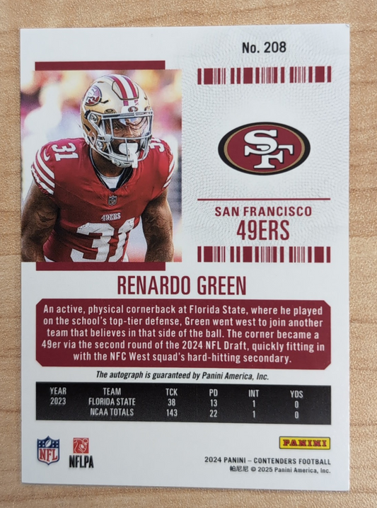 2024 - NFL Panini Contenders - Renardo Green 208 Playoff Ticket Auto /149
