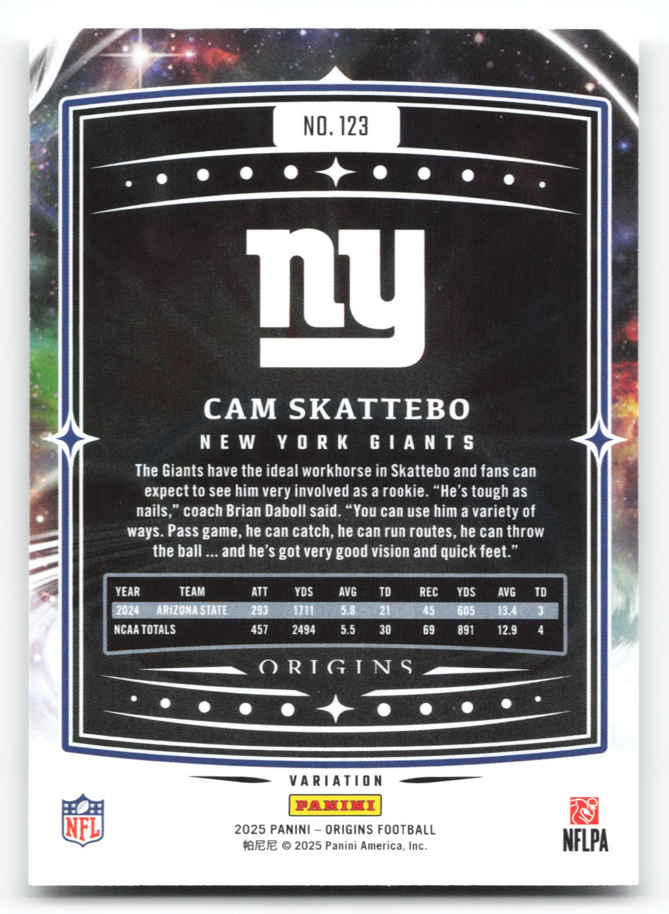 Cam Skattebo - #123 - 2025 Panini Origins - Panini