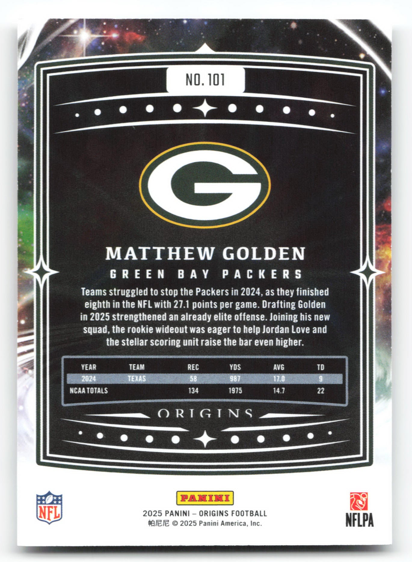 Matthew Golden - #101 - 2025 Panini Origins - Panini