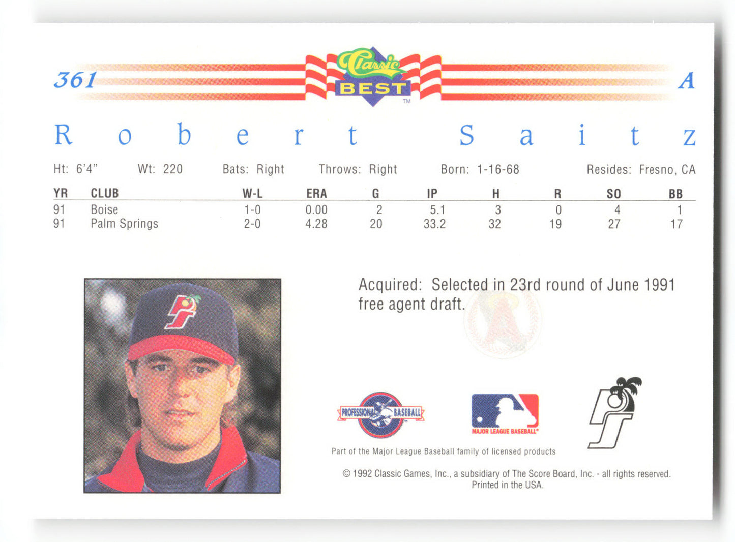 Robert Saitz - #361 - 1992 Classic Best - MLB