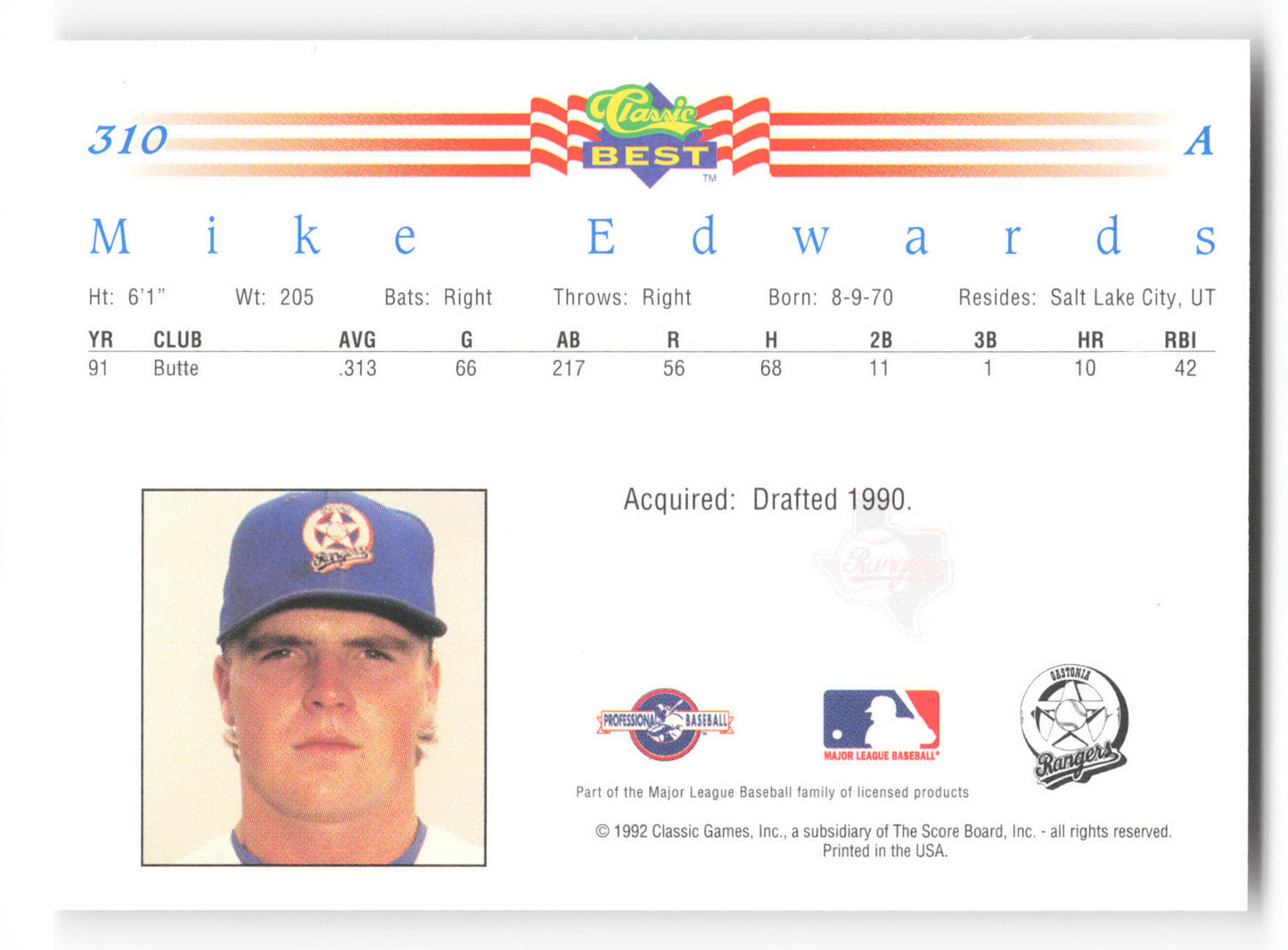 Mike Edwards - #310 - 1992 Classic Best - MLB