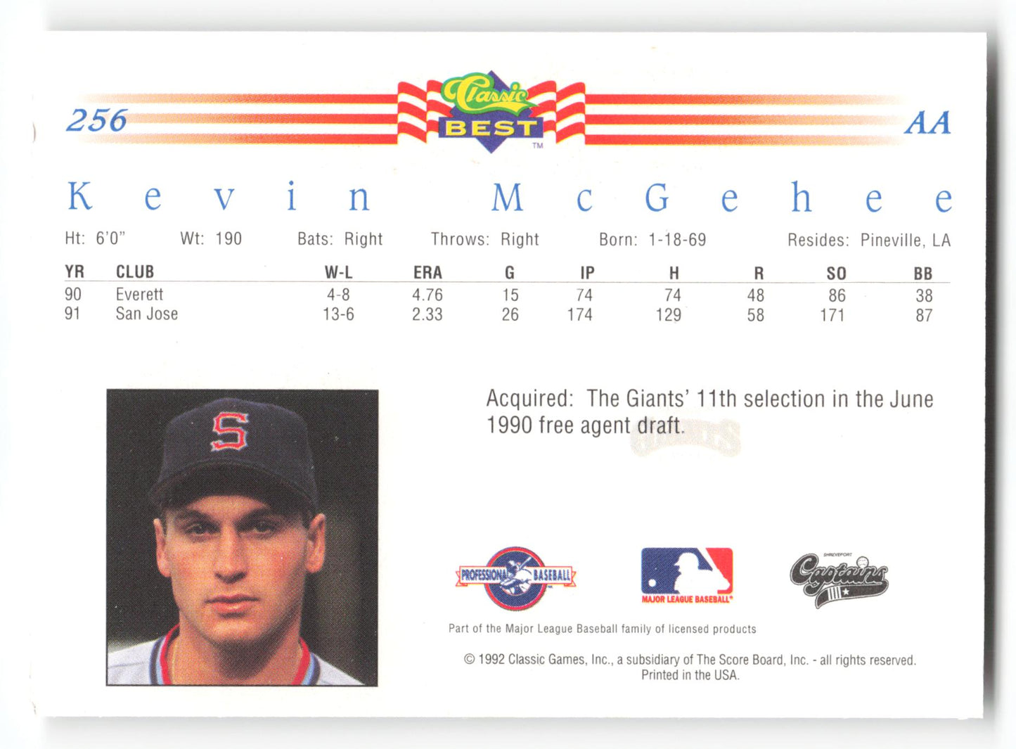 Kevin McGehee - #256 - 1992 Classic Best - MLB
