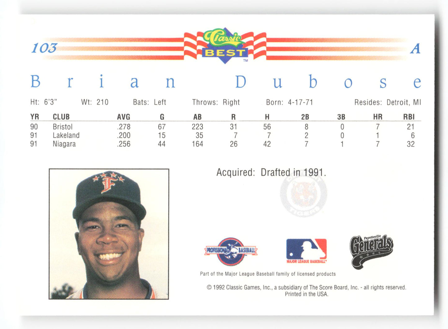 Brian DuBose - #103 - 1992 Classic Best - MLB