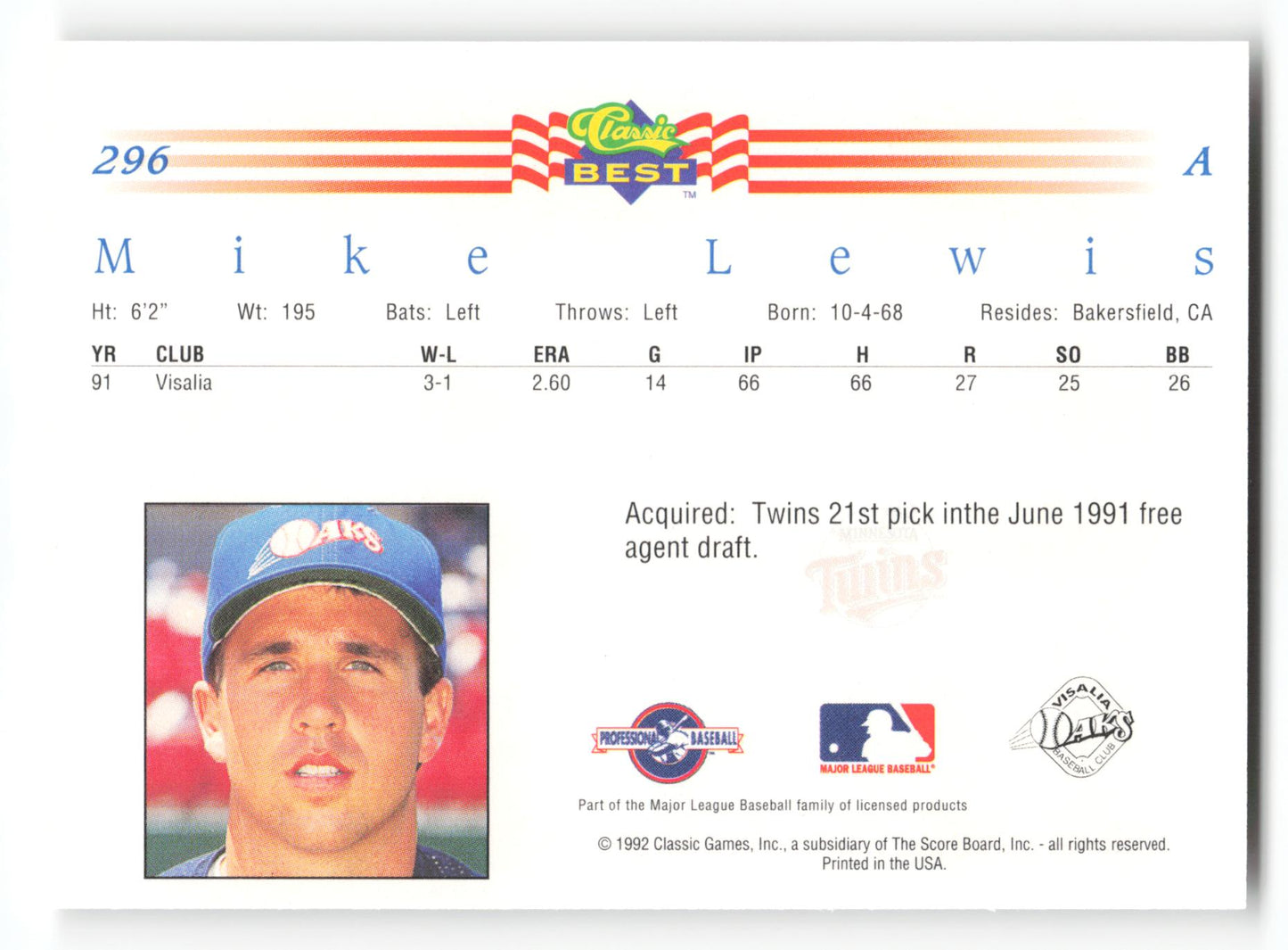 Mike Lewis - #296 - 1992 Classic Best - MLB