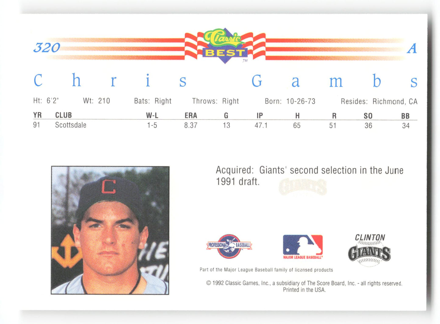 Chris Gambs - #320 - 1992 Classic Best - MLB