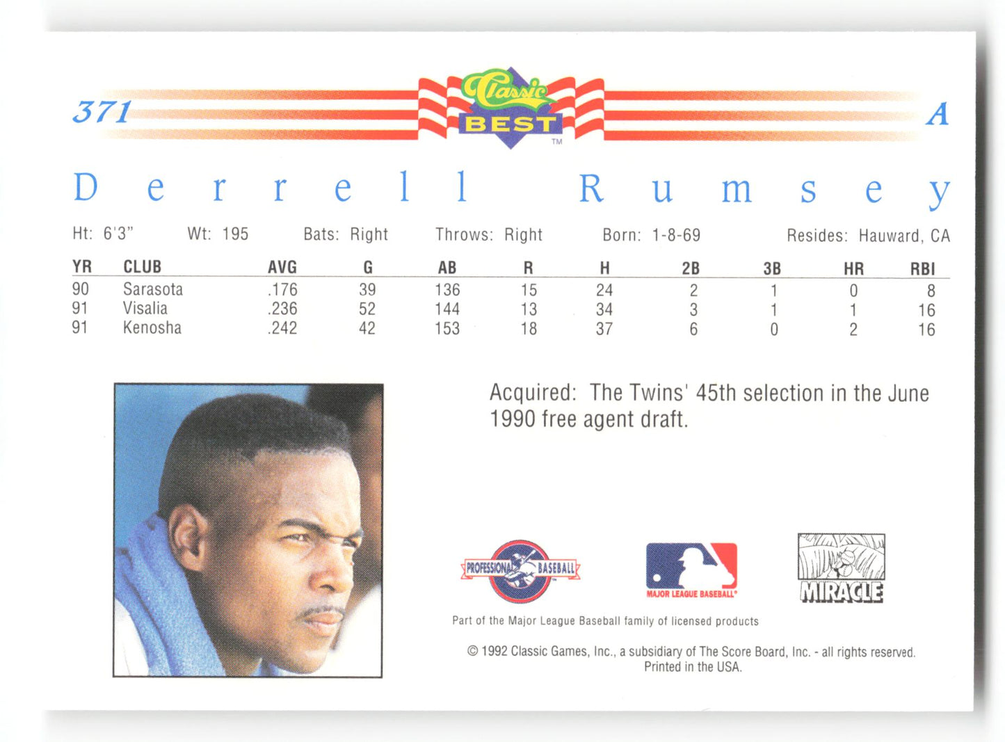 Derrell Rumsey - #371 - 1992 Classic Best - MLB