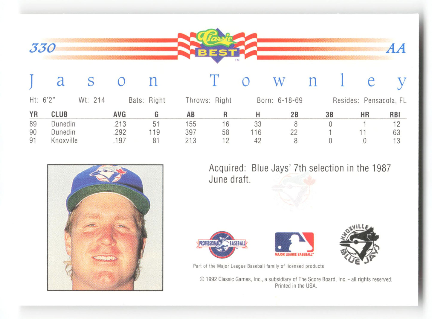 Jason Townley - #330 - 1992 Classic Best - MLB