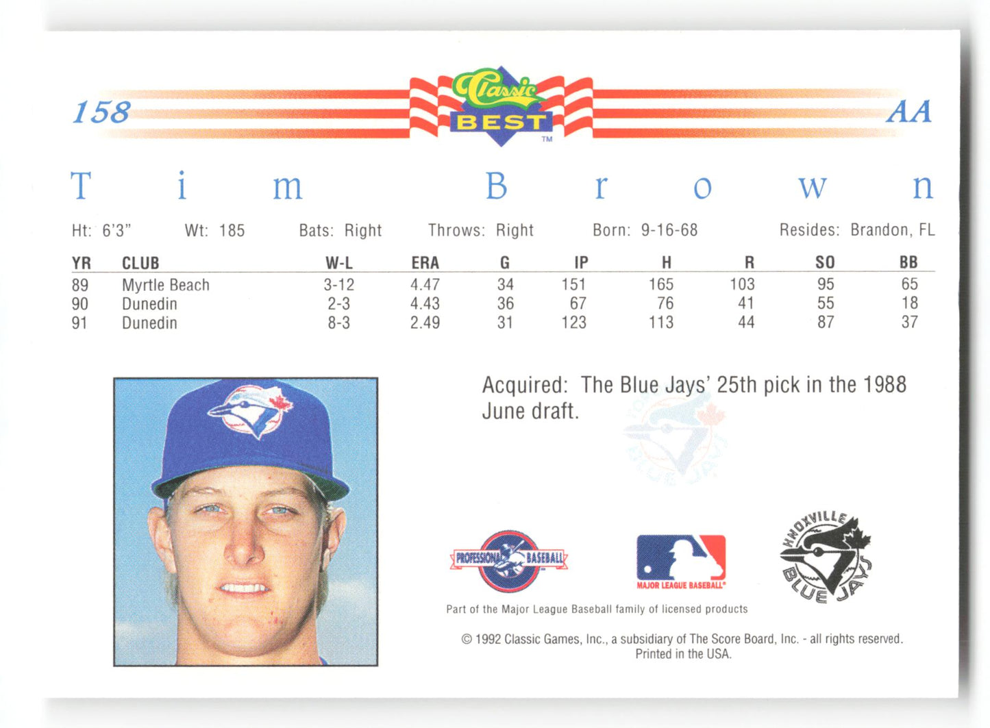 Tim Brown - #158 - 1992 Classic Best - MLB