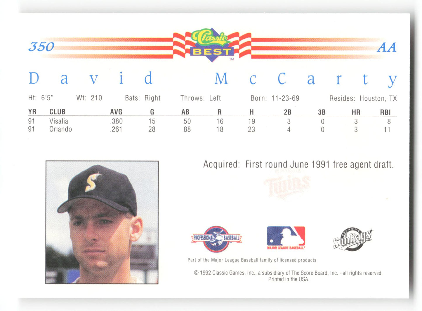 David McCarty - #350 - 1992 Classic Best - MLB