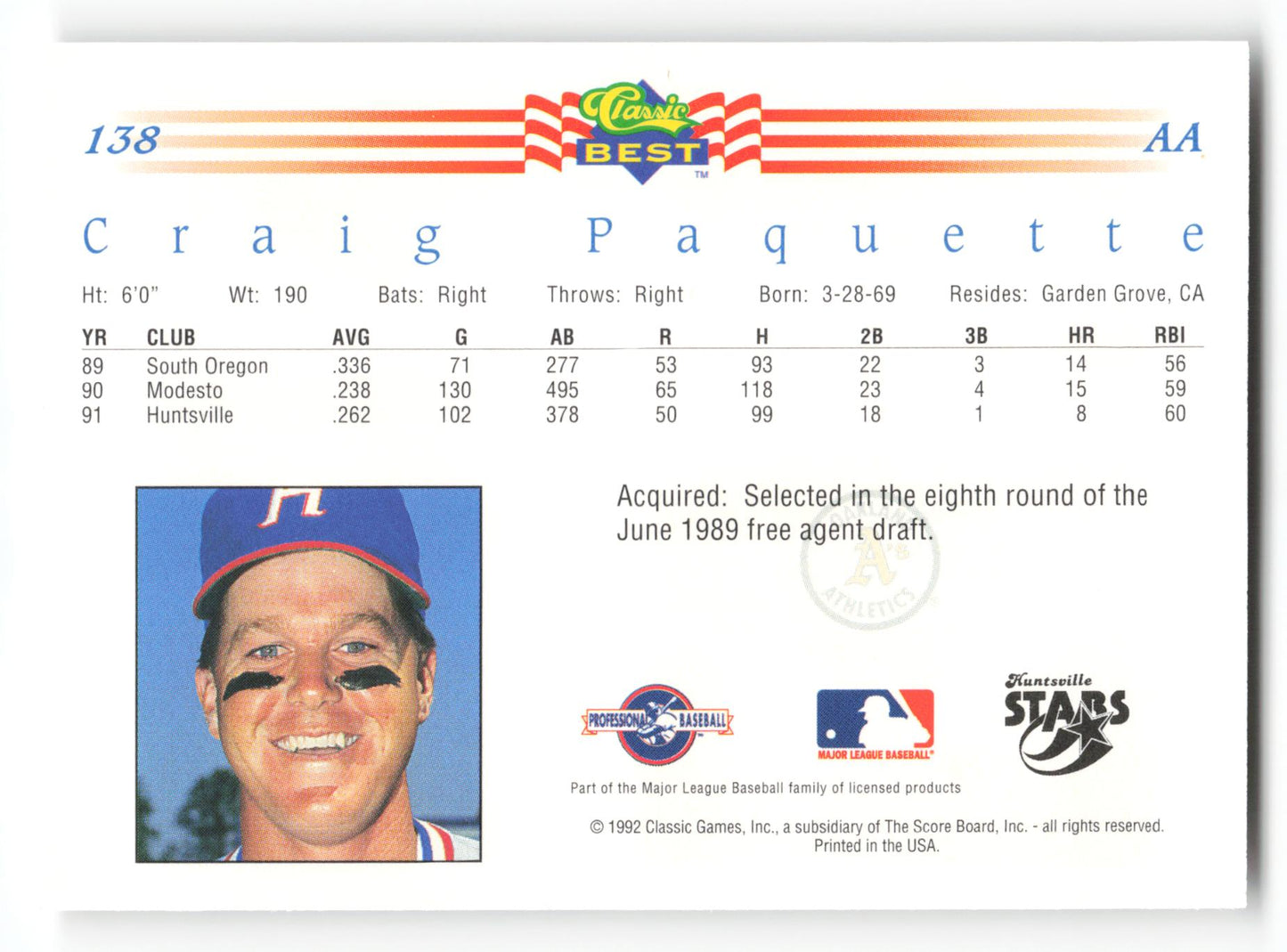 Craig Paquette - #138 - 1992 Classic Best - MLB