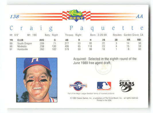 Craig Paquette - #138 - 1992 Classic Best - MLB