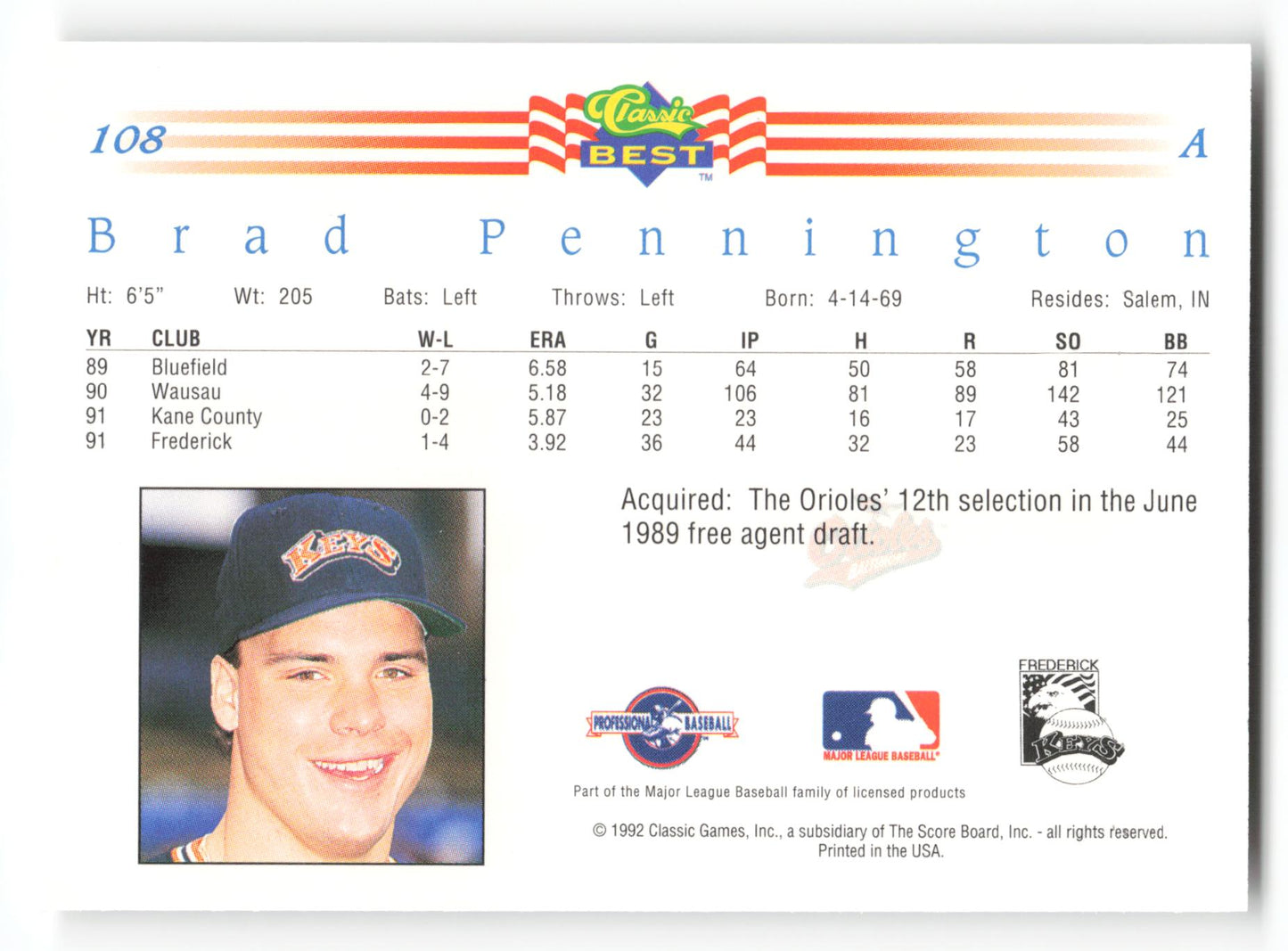 Brad Pennington - #108 - 1992 Classic Best - MLB