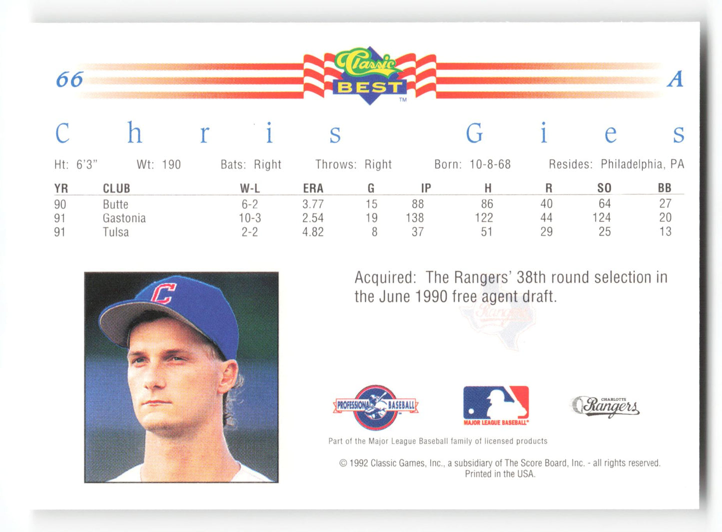 Chris Gies - #66 - 1992 Classic Best - MLB
