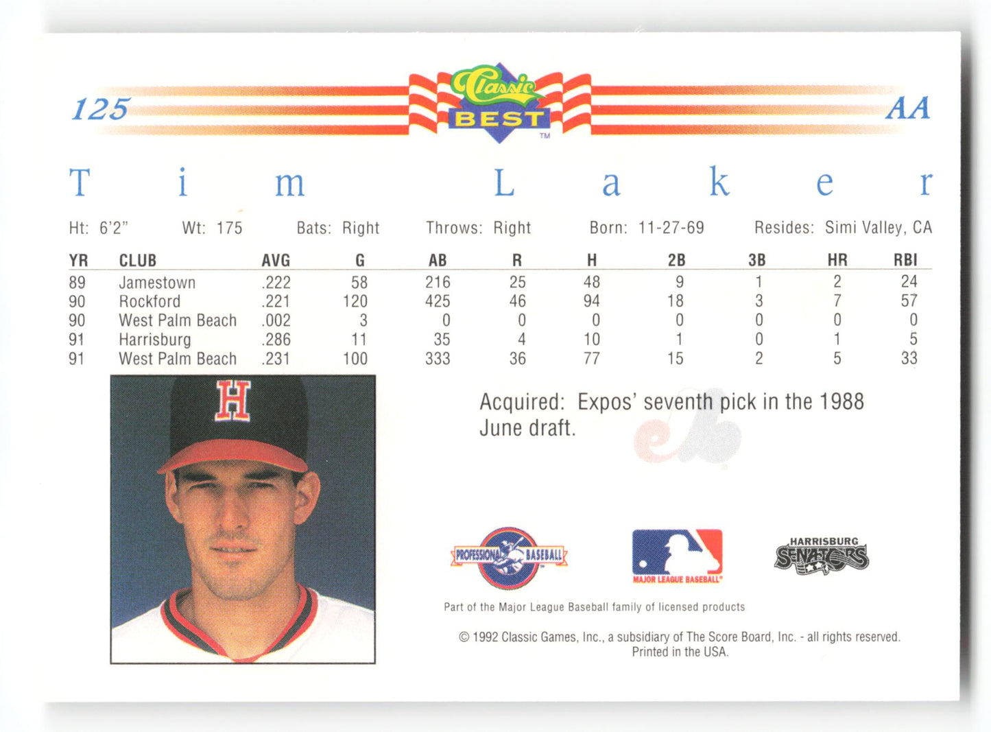 Tim Laker - #125 - 1992 Classic Best - MLB