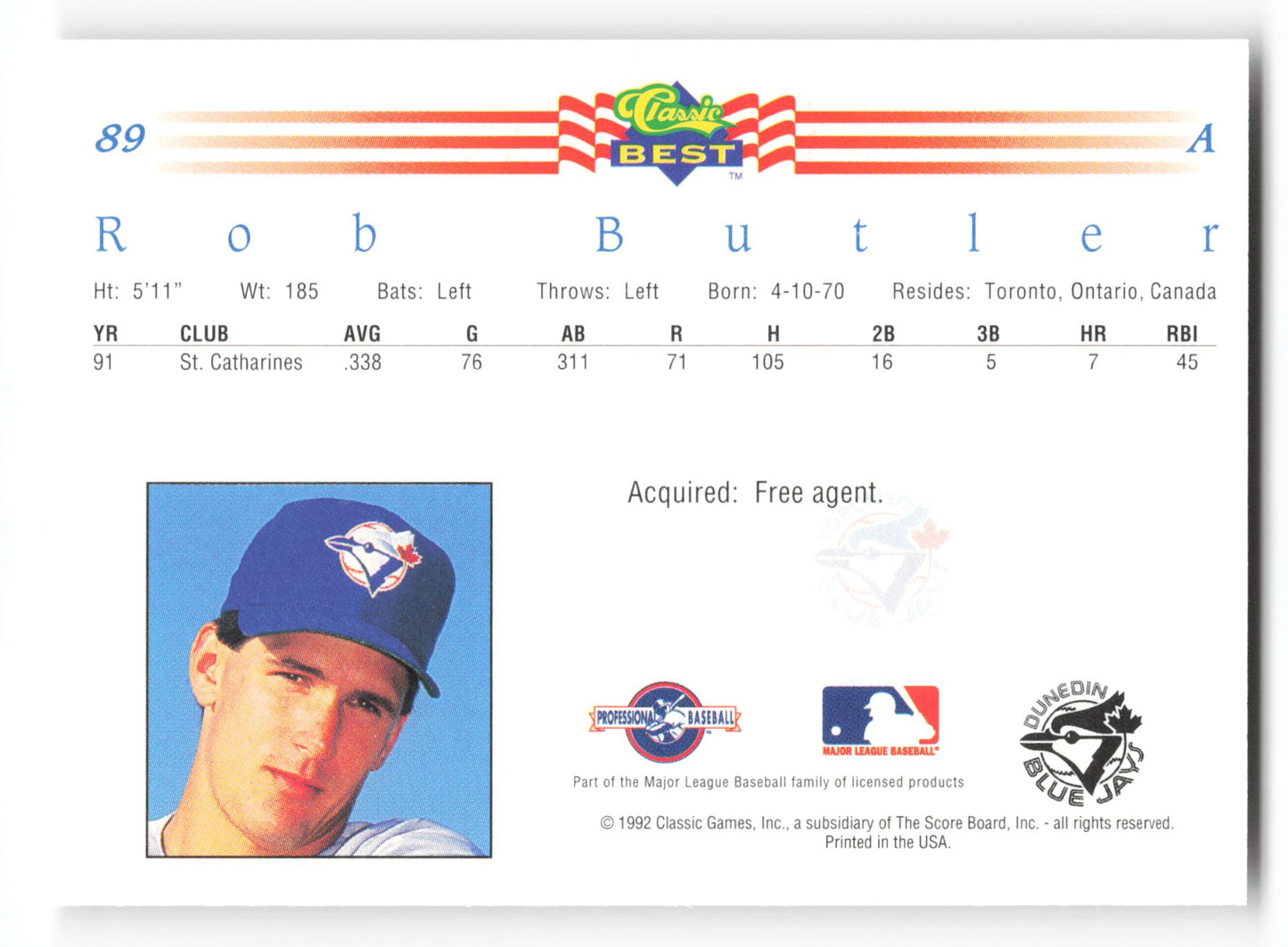 Rob Butler - #3 - 1992 Classic Best Fisher Nuts - MLB